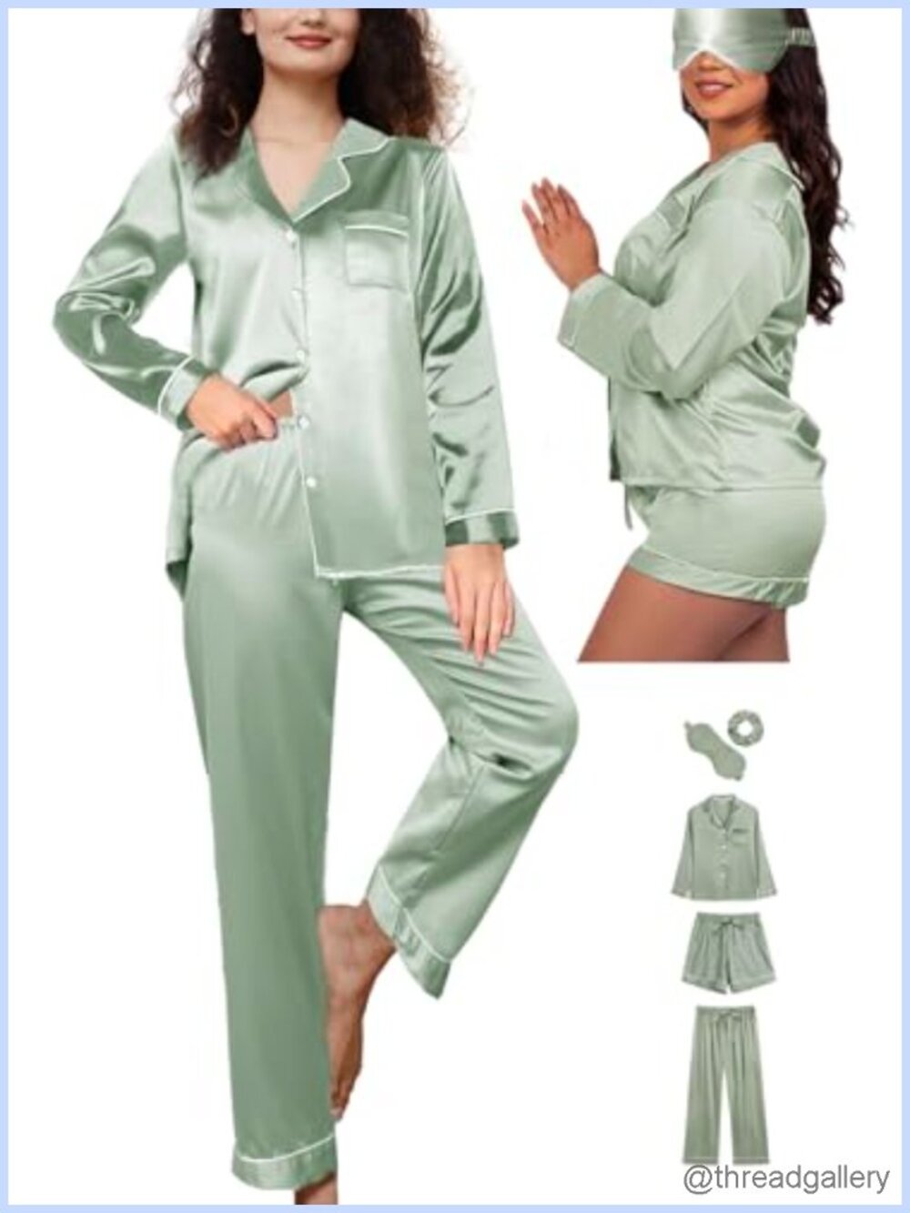 Women's Satin Silk Pajama Set 5Pc Long Sleeve Top Pants Shorts Sleepwear